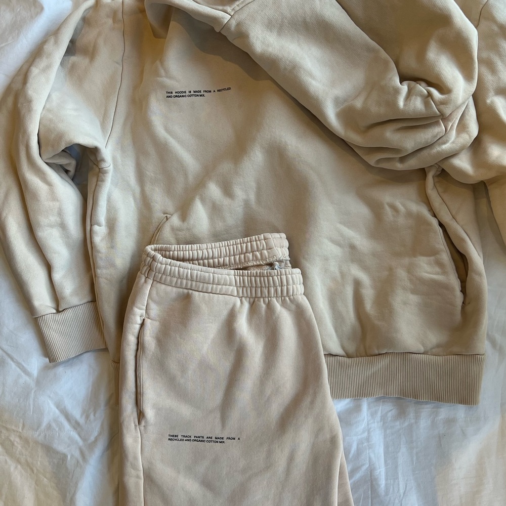 PANGAIA heavyweight recycled cotton hoodie and track pants. Sand. Size S.